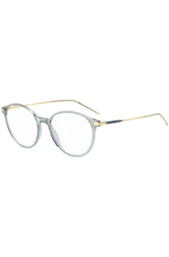 Blaugraue Brillenfassung mit goldfarbenen Details