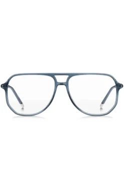 Brillenfassung aus blauem Acetat mit röhrenförmigen Bügeln