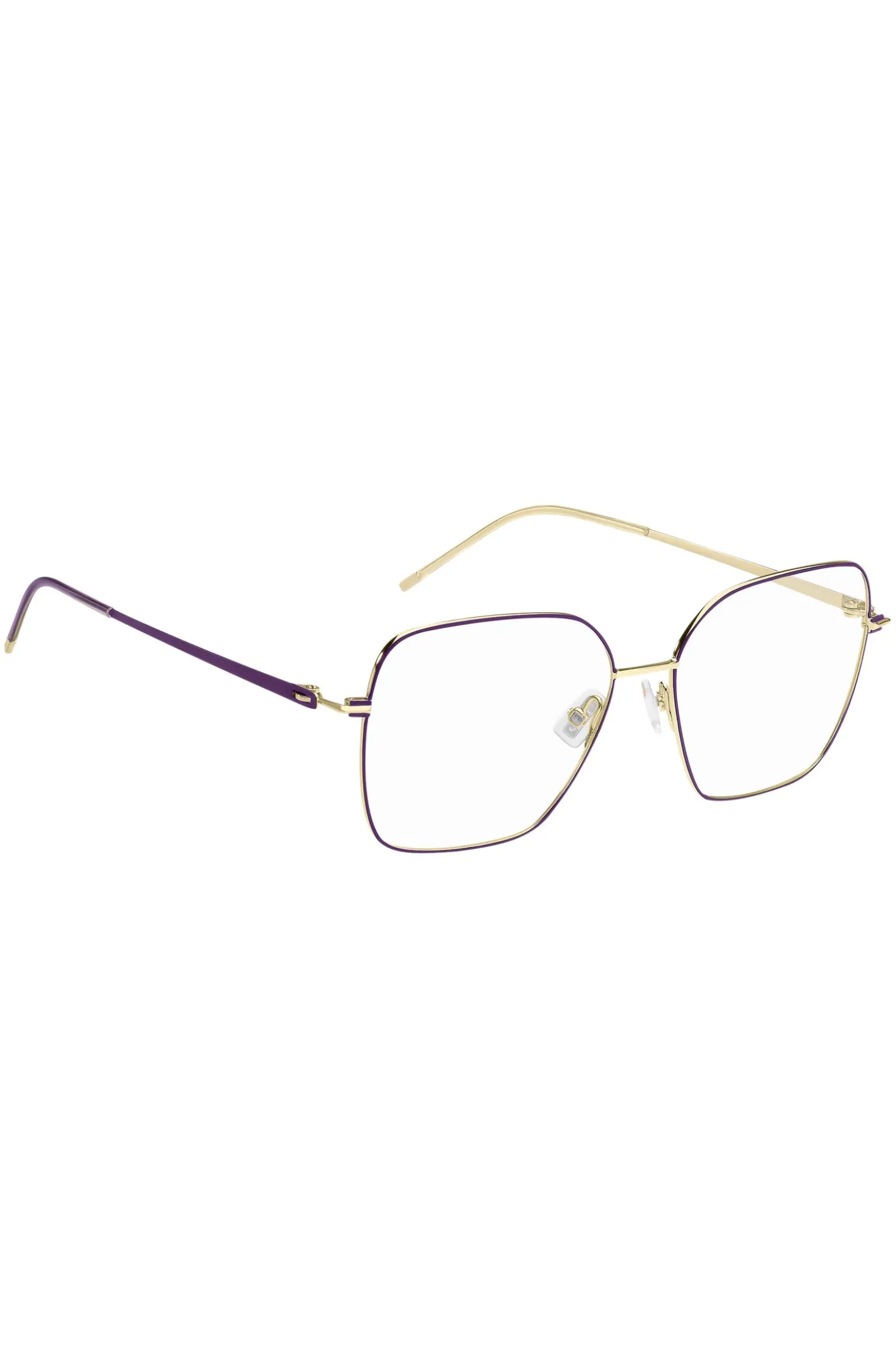 Brillenfassung aus goldfarbenem Stahl mit violetten Details