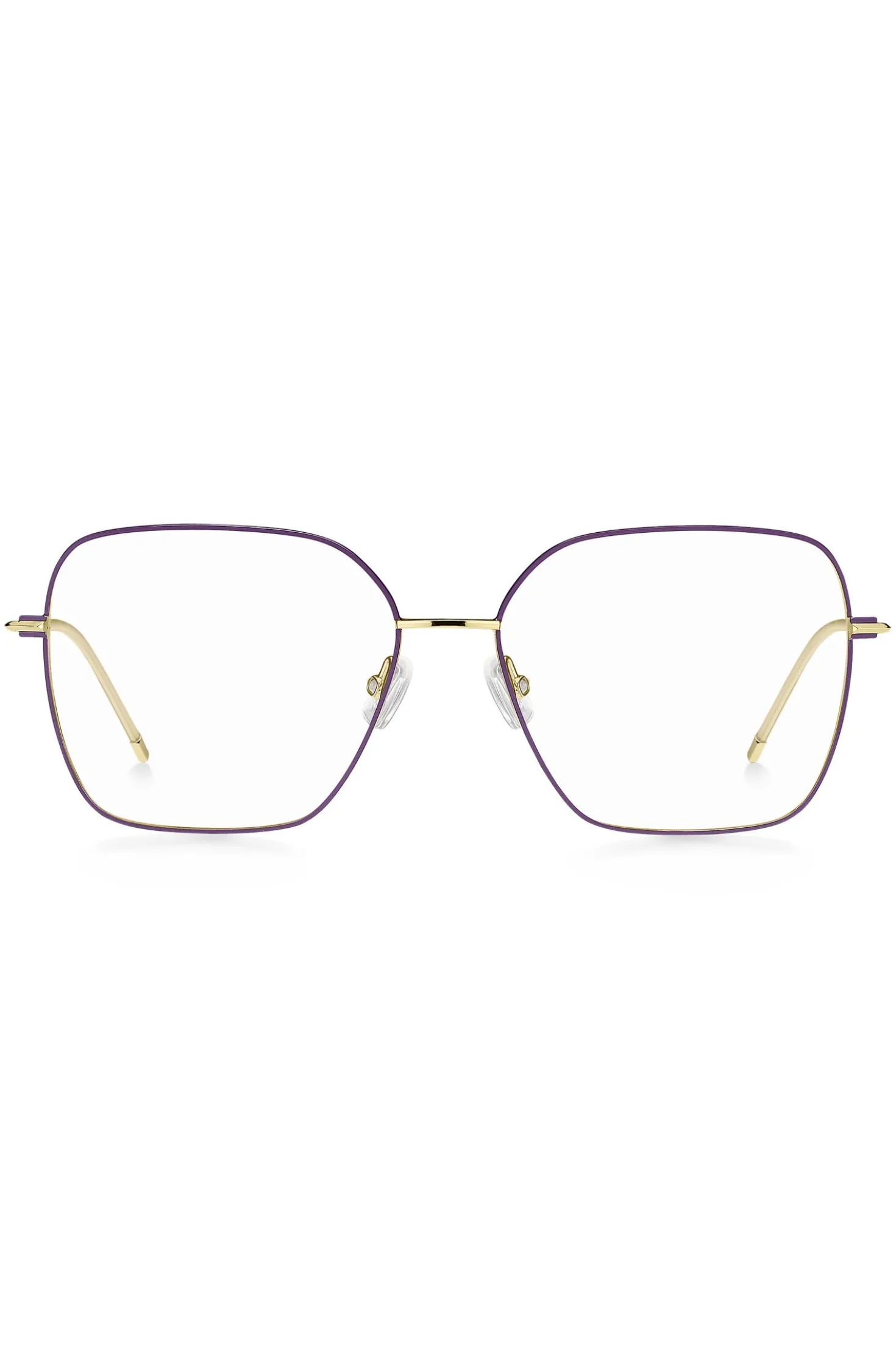 Brillenfassung aus goldfarbenem Stahl mit violetten Details