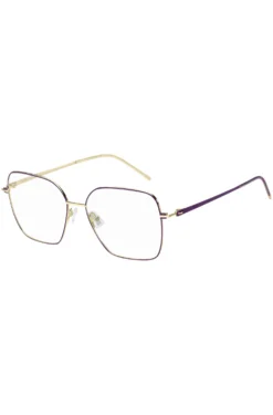 Brillenfassung aus goldfarbenem Stahl mit violetten Details