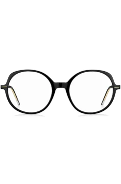 Brillenfassung aus schwarzem Acetat mit goldfarbenen Details