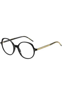 Brillenfassung aus schwarzem Acetat mit goldfarbenen Details
