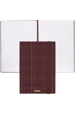 DIN-A5-Notizbuch mit bordeauxfarbenem Karo-Print und goldfarbenem Logo