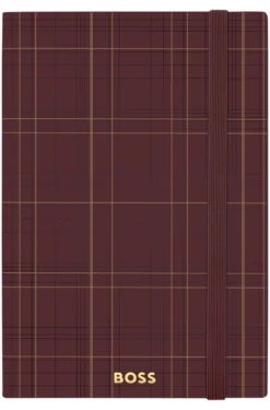 DIN-A5-Notizbuch mit bordeauxfarbenem Karo-Print und goldfarbenem Logo