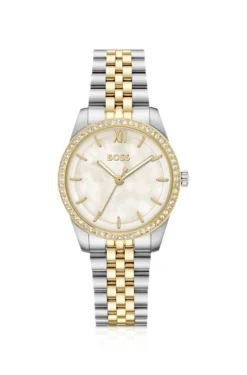 Elegante zweifarbige Uhr mit kristallbesetzter Lünette