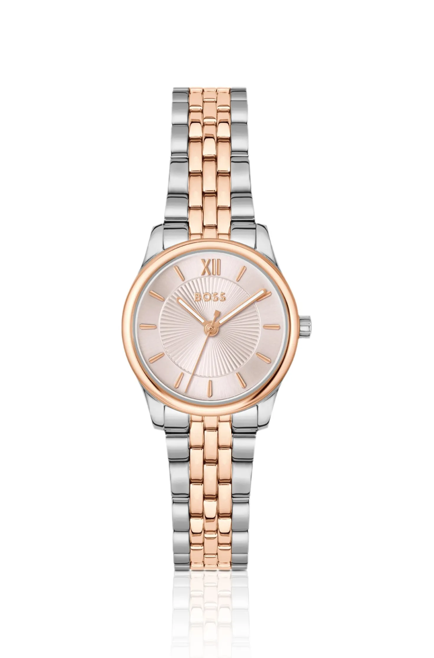 Elegante zweifarbige Uhr mit rosafarbenem Zifferblatt im Sonnenschliff