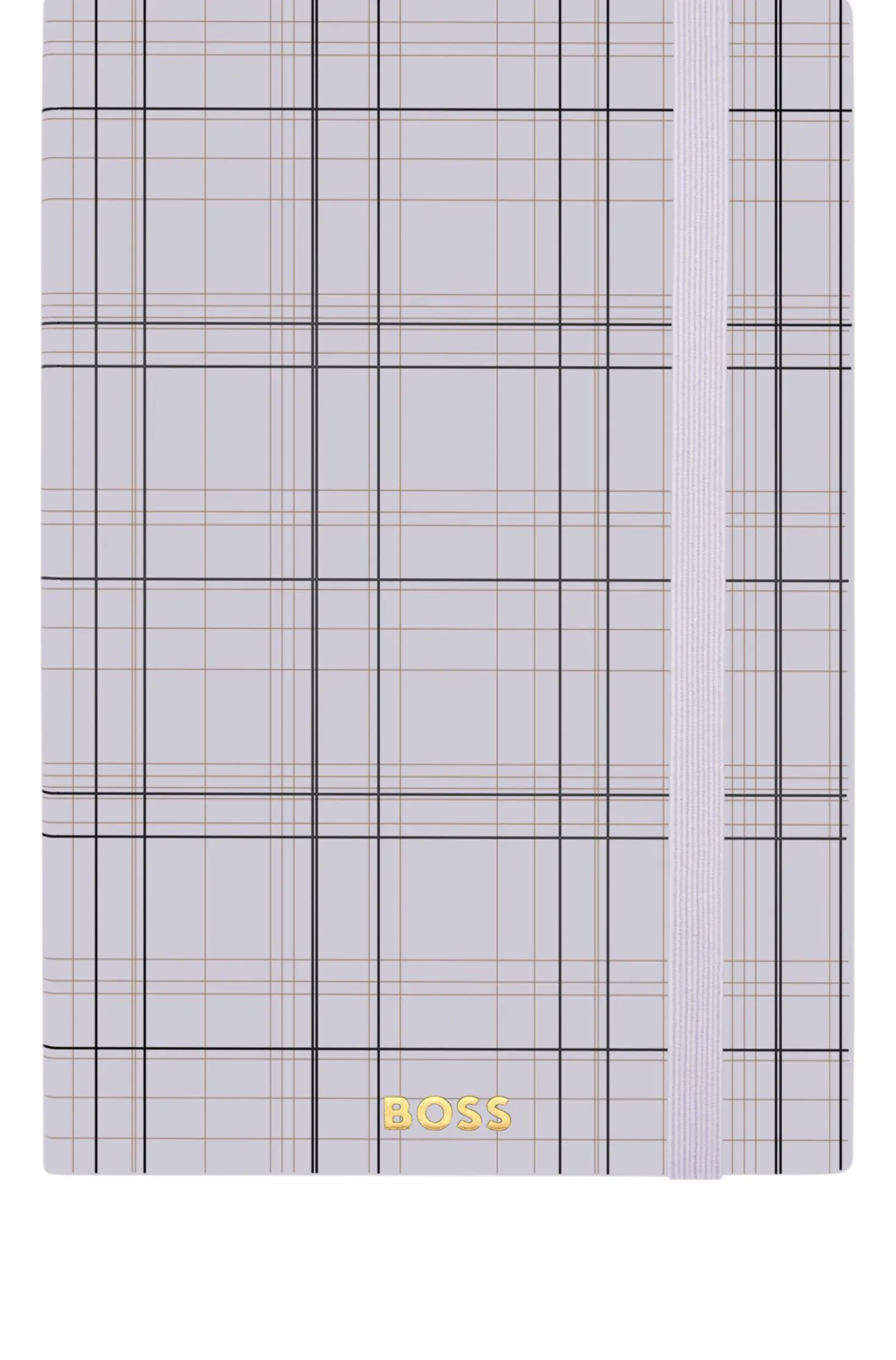 Fliederfarbenes DIN-A5-Notizbuch mit Karo-Print und goldfarbenem Folien-Logo