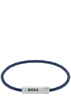 Geflochtenes Armband aus blauem Leder mit Logo-Plakette