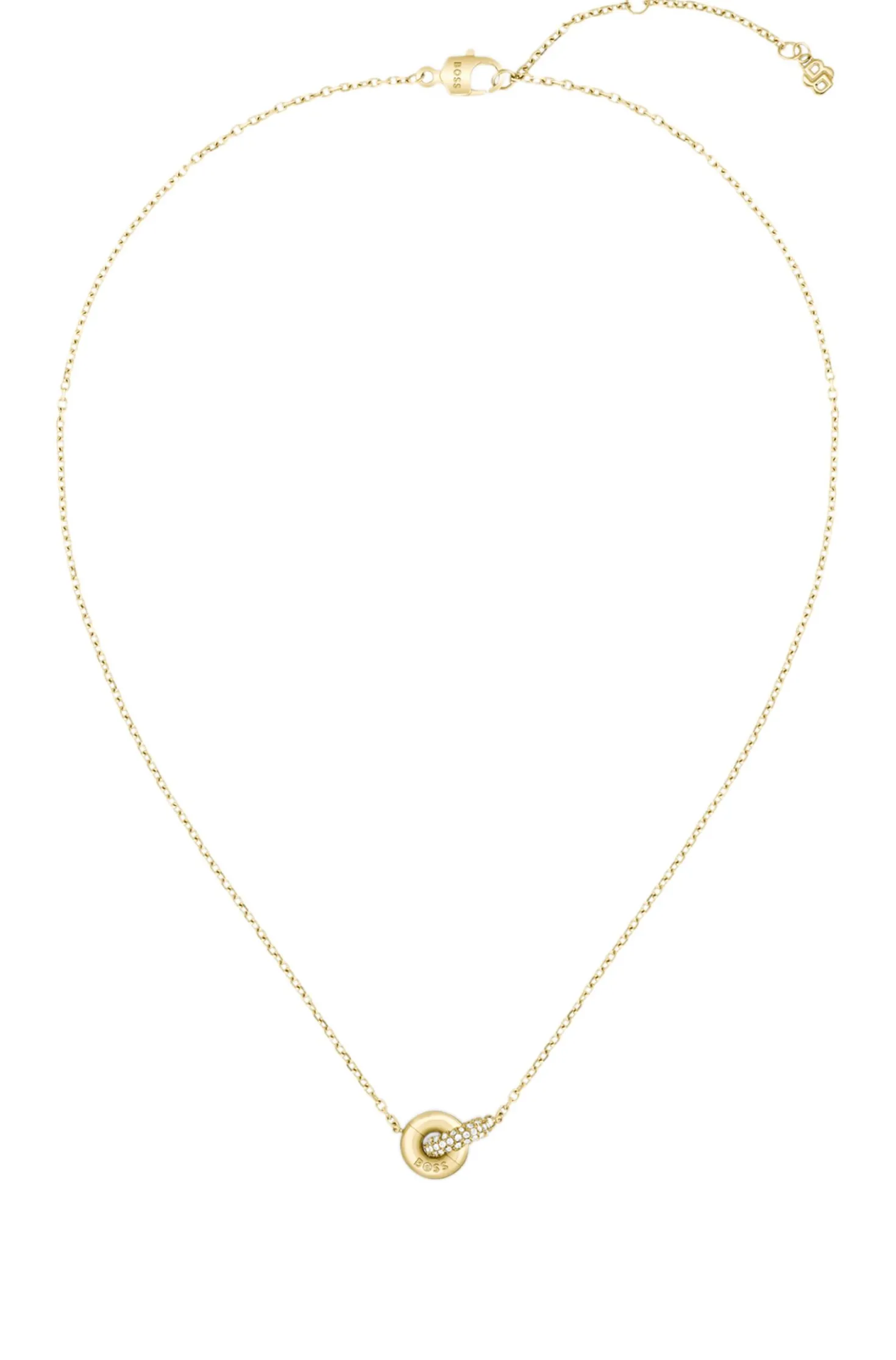 Goldfarbene Halskette mit verschlungenen Ringen und Pavé-Kristallen