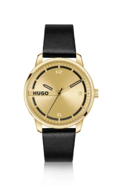 Goldfarbene Uhr mit schwarzem Lederarmband