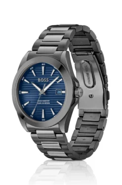 Grau beschichtete Uhr mit blauem geriffeltem Zifferblatt