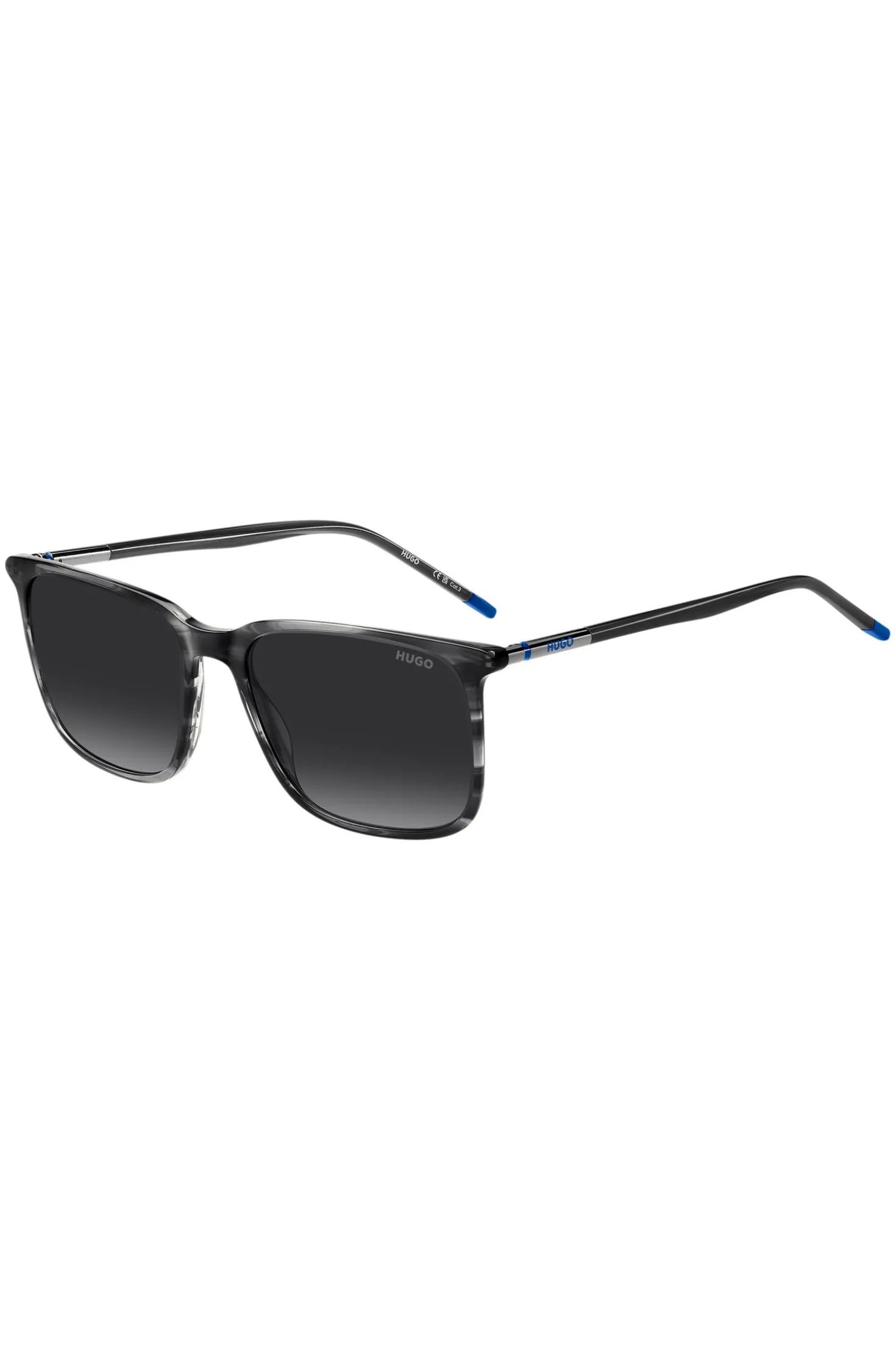 Graue Sonnenbrille aus gemustertem Acetat mit röhrenförmigen Metallbügeln