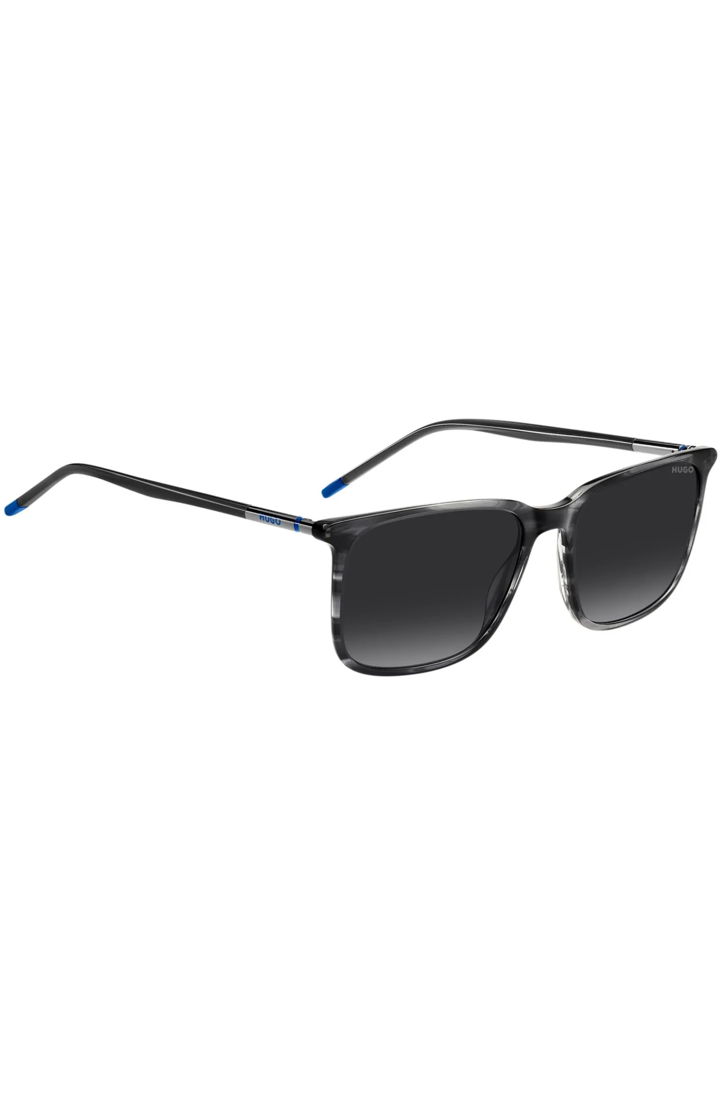 Graue Sonnenbrille aus gemustertem Acetat mit röhrenförmigen Metallbügeln