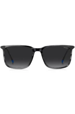 Graue Sonnenbrille aus gemustertem Acetat mit röhrenförmigen Metallbügeln
