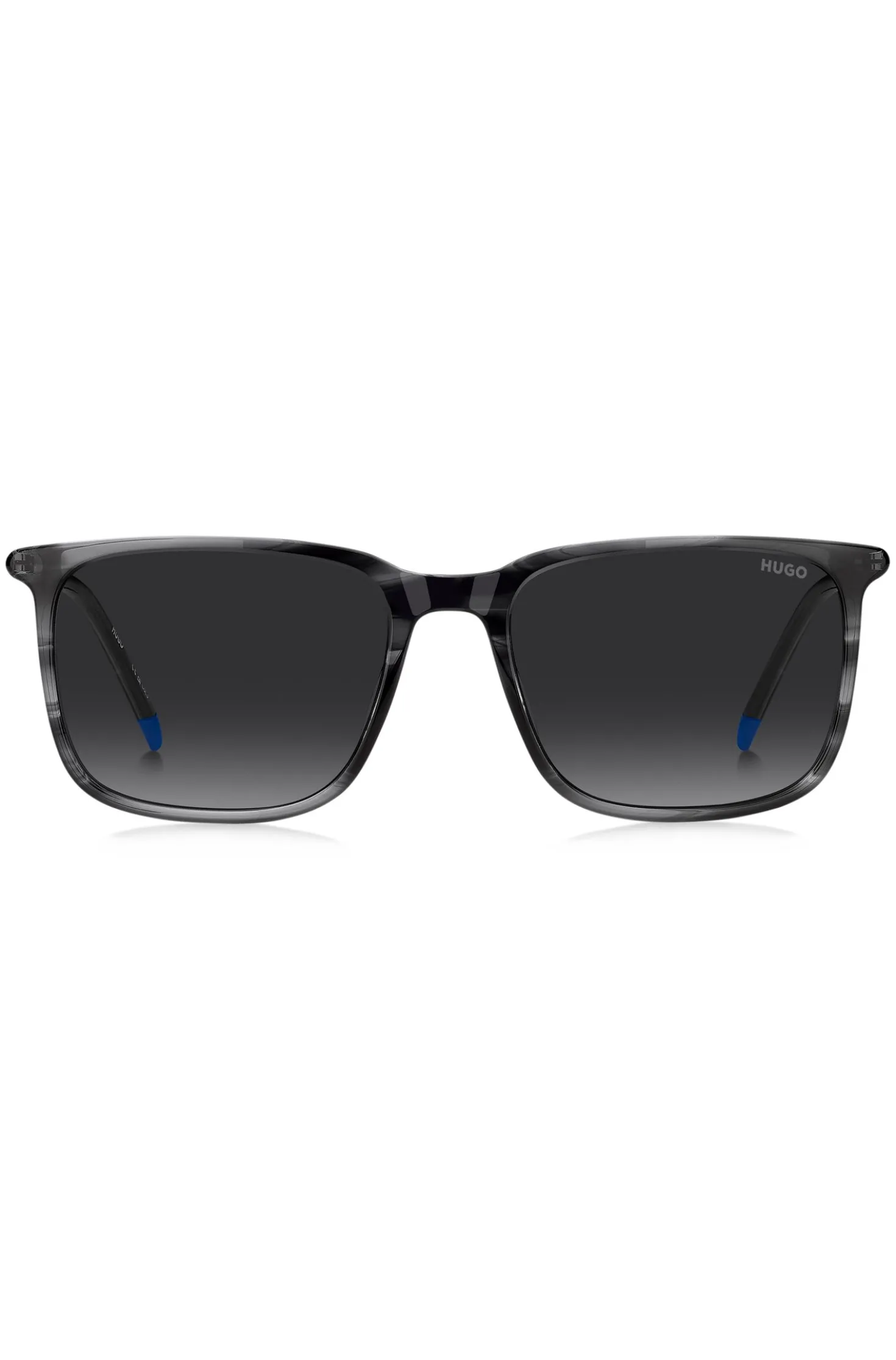 Graue Sonnenbrille aus gemustertem Acetat mit röhrenförmigen Metallbügeln