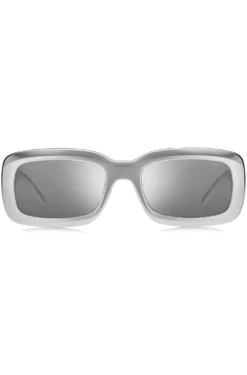 Graue Sonnenbrille mit Stack-Logo an den Bügeln