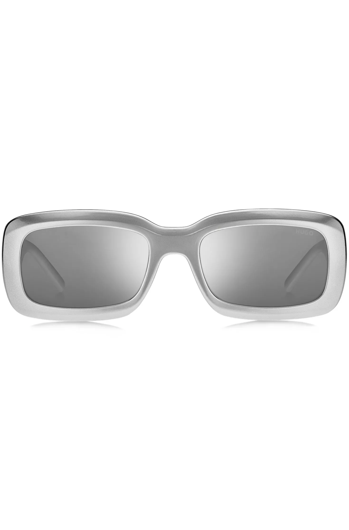 Graue Sonnenbrille mit Stack-Logo an den Bügeln