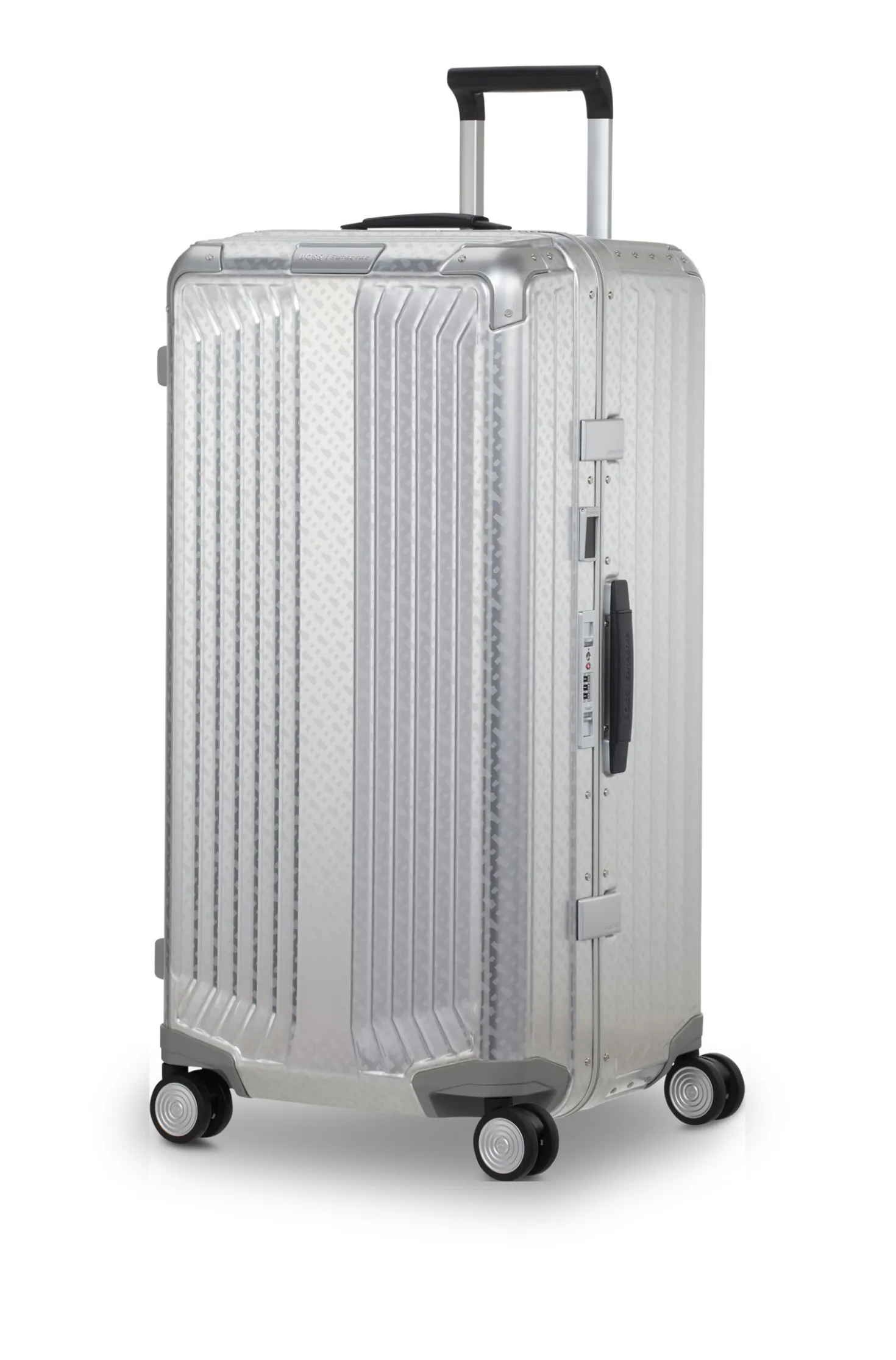 Großer BOSS x Samsonite Koffer aus silberfarbenem Aluminium 80 cm