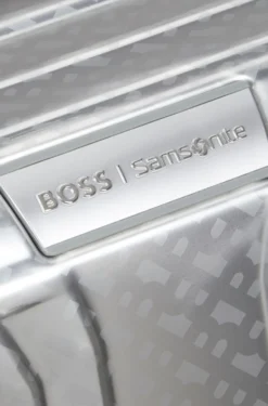 Großer BOSS x Samsonite Koffer aus silberfarbenem Aluminium 80 cm
