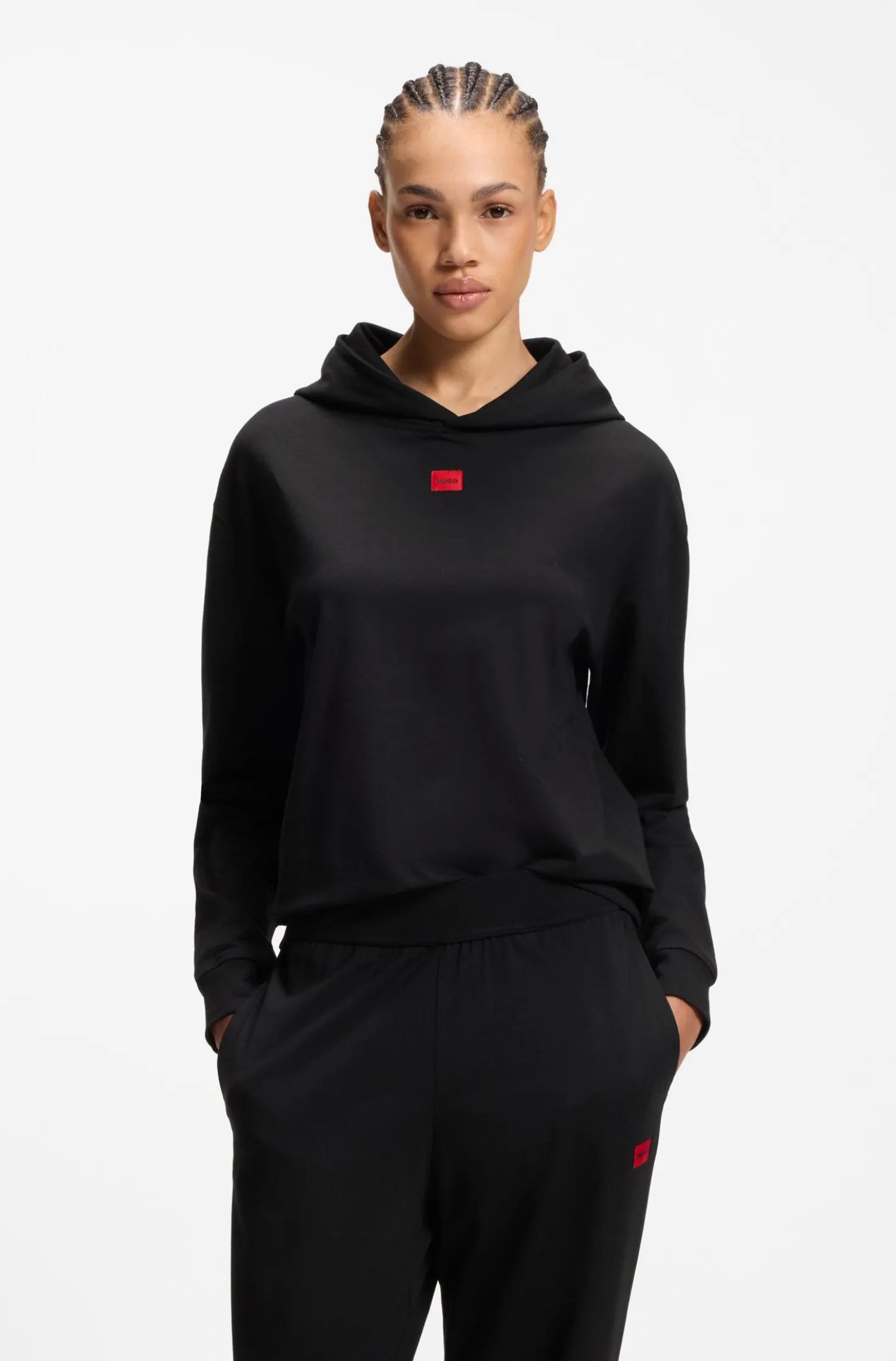Hoodie aus Stretch-Jersey mit rotem Logo-Label