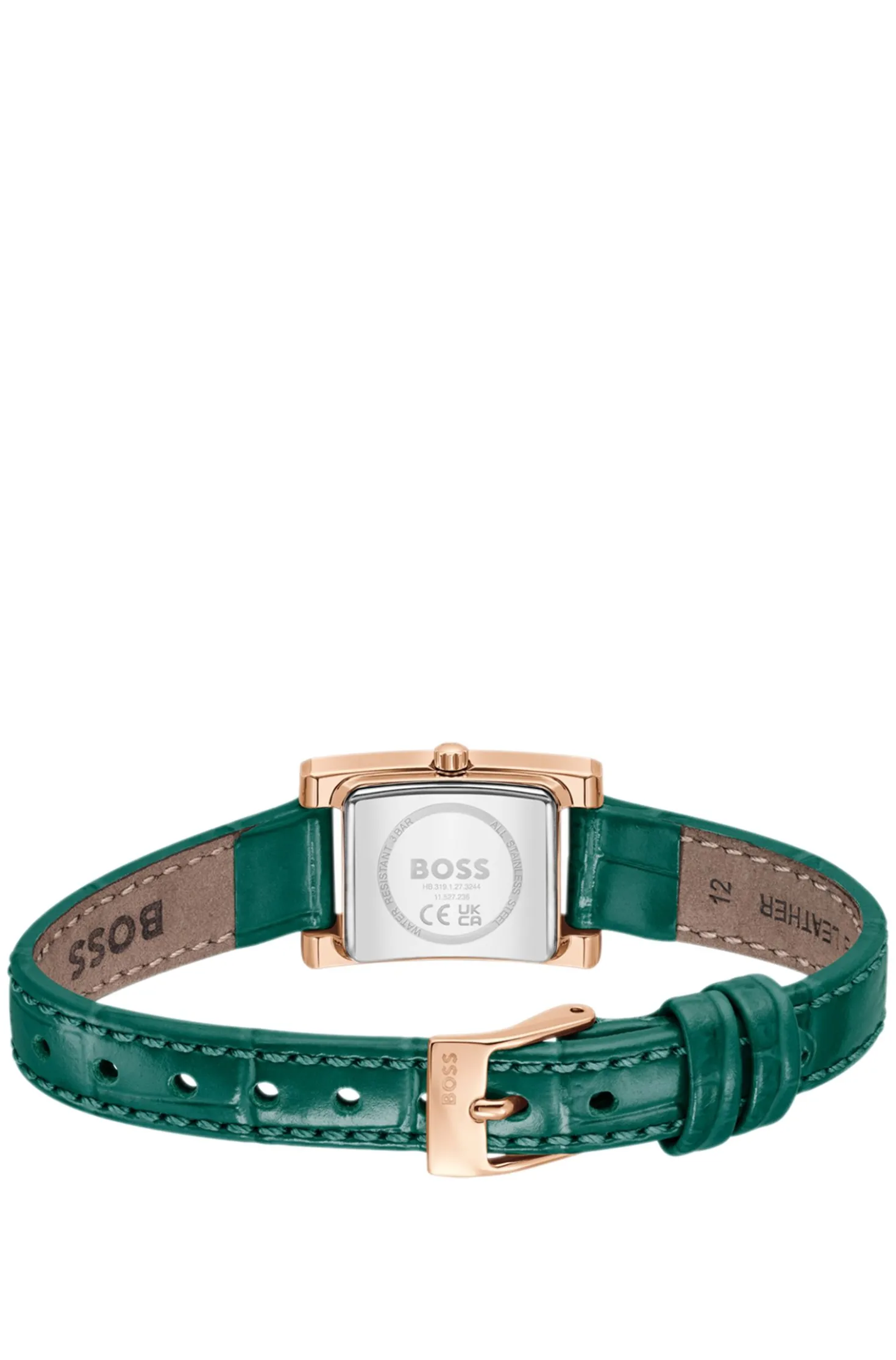 Kristallverzierte Uhr mit grünem Zifferblatt und grünem Lederarmband