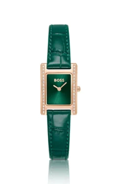 Kristallverzierte Uhr mit grünem Zifferblatt und grünem Lederarmband