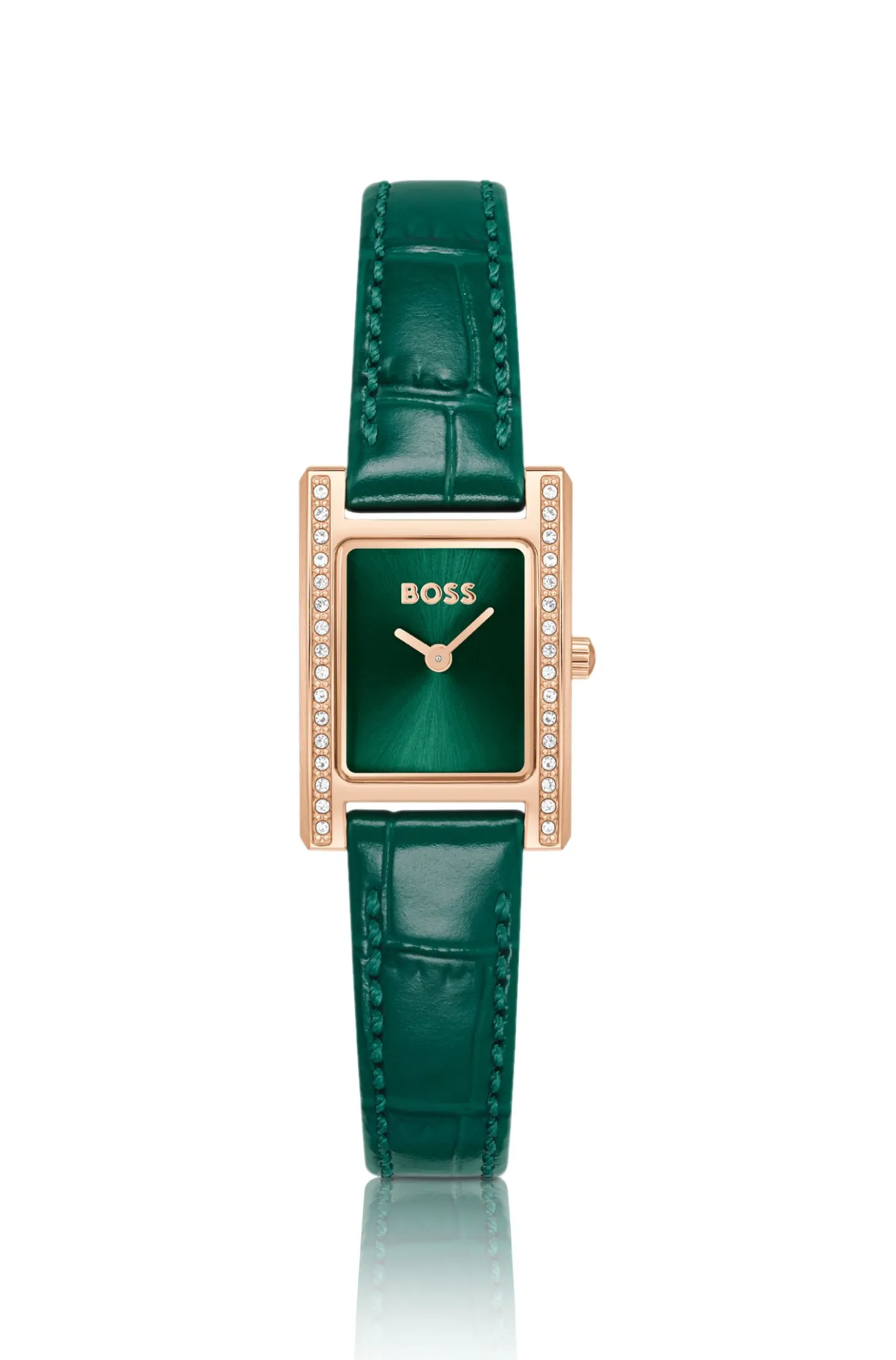 Kristallverzierte Uhr mit grünem Zifferblatt und grünem Lederarmband