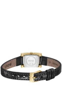 Kristallverzierte Uhr mit schwarzem Zifferblatt und passendem Lederarmband