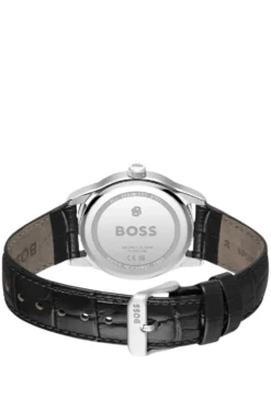 Langford Uhr mit schwarzem Zifferblatt und Lederarmband mit Kroko-Prägung