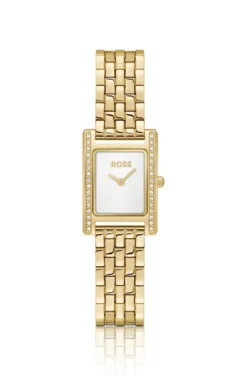 LUCY PRECIOUS Kristallverzierte, goldfarbene Uhr mit weißem Zifferblatt