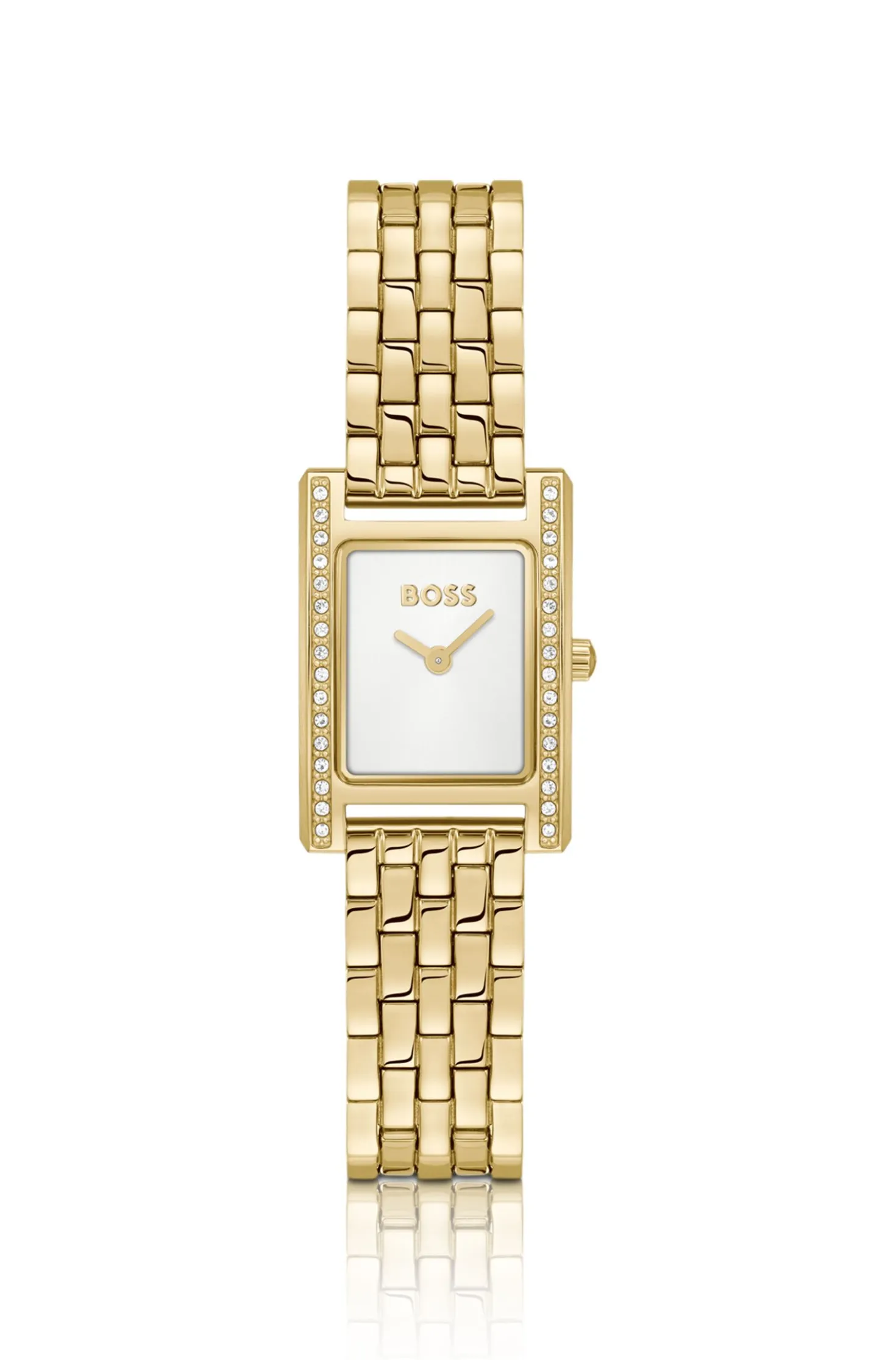 LUCY PRECIOUS Kristallverzierte, goldfarbene Uhr mit weißem Zifferblatt