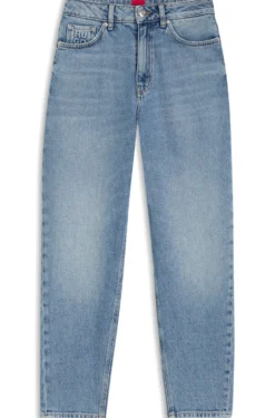 Mom-Fit Jeans aus blauem Stretch-Denim mit Prägung an der Tasche
