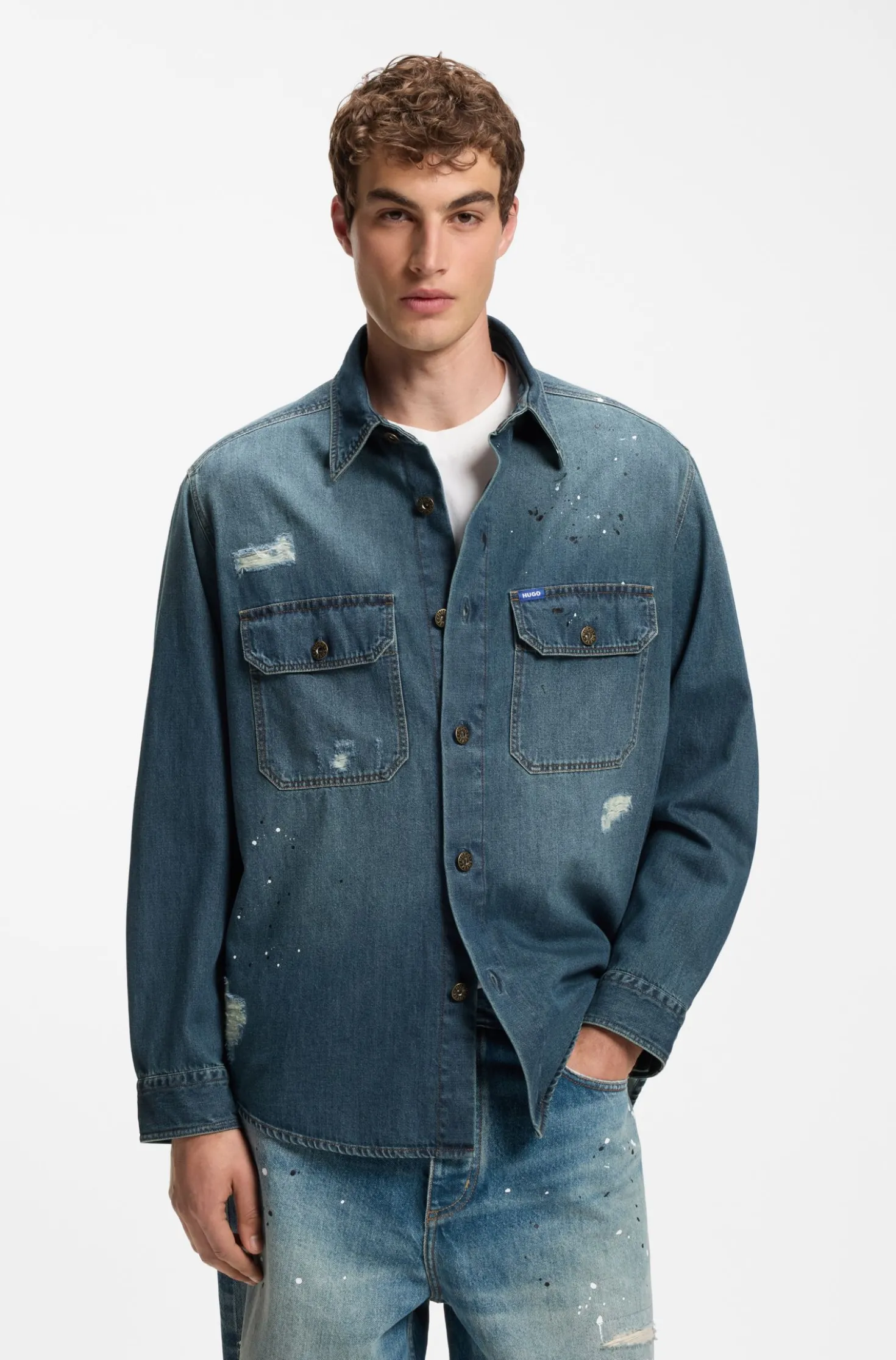 Oversized-Fit Overshirt aus Denim mit Farbspritzern