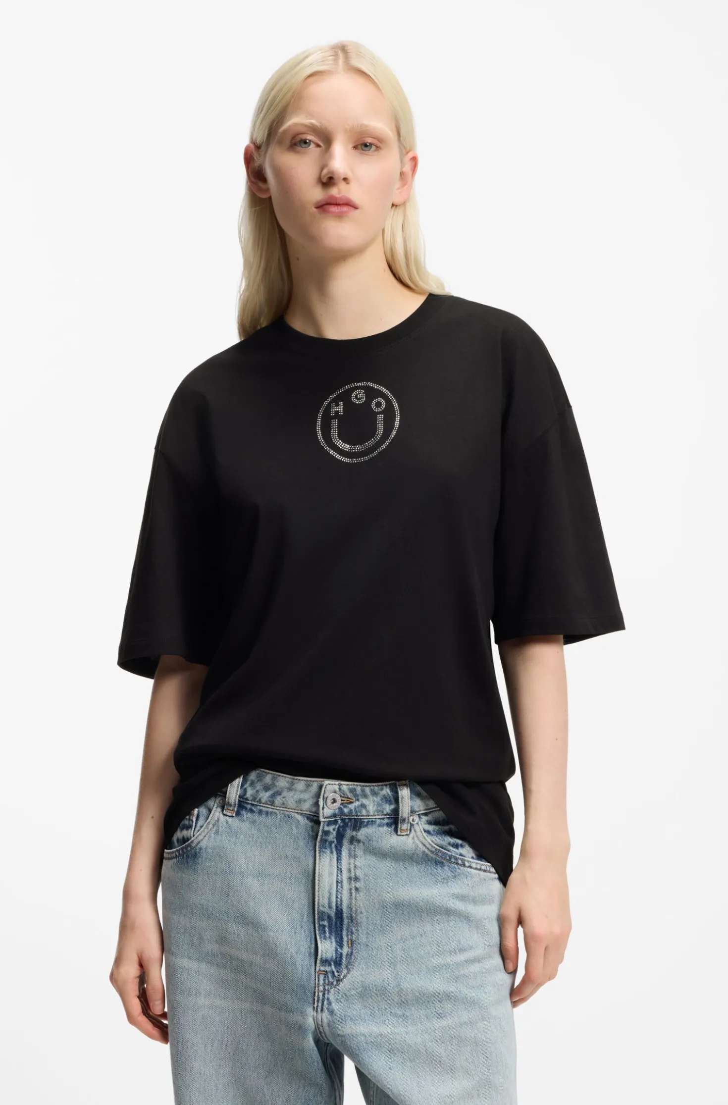 Oversized T-Shirt aus Baumwolle mit Happy HUGO Logo aus Strass