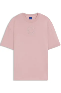 Oversized T-Shirt aus Baumwolle mit Happy HUGO Logo aus Strass