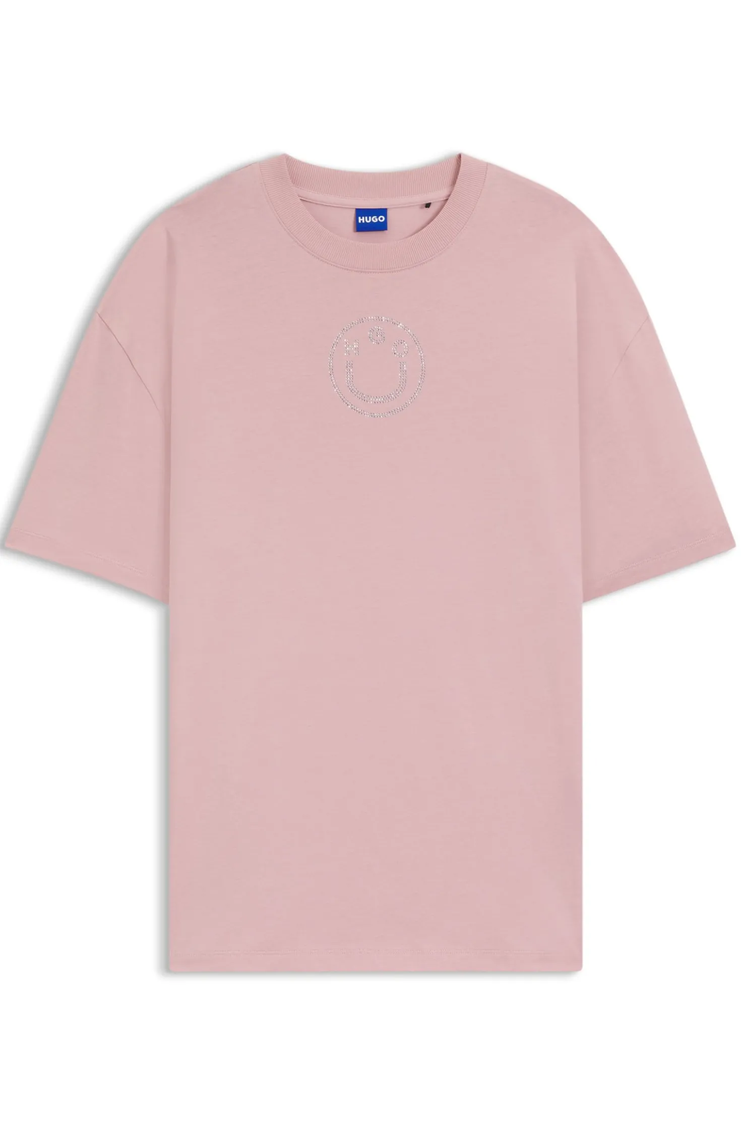 Oversized T-Shirt aus Baumwolle mit Happy HUGO Logo aus Strass