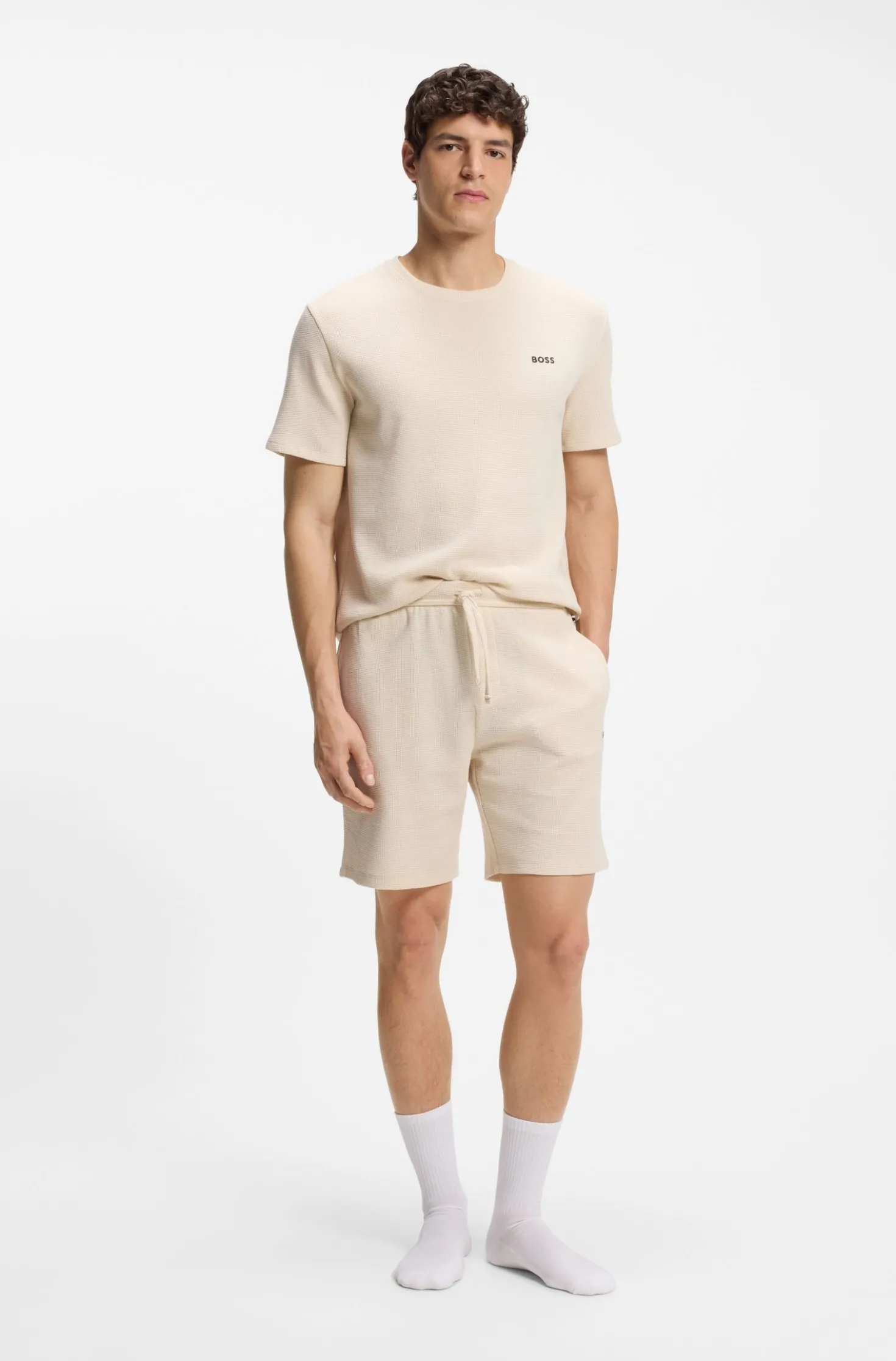 Pyjama-Shorts mit Waffelstruktur und Logo-Stickerei