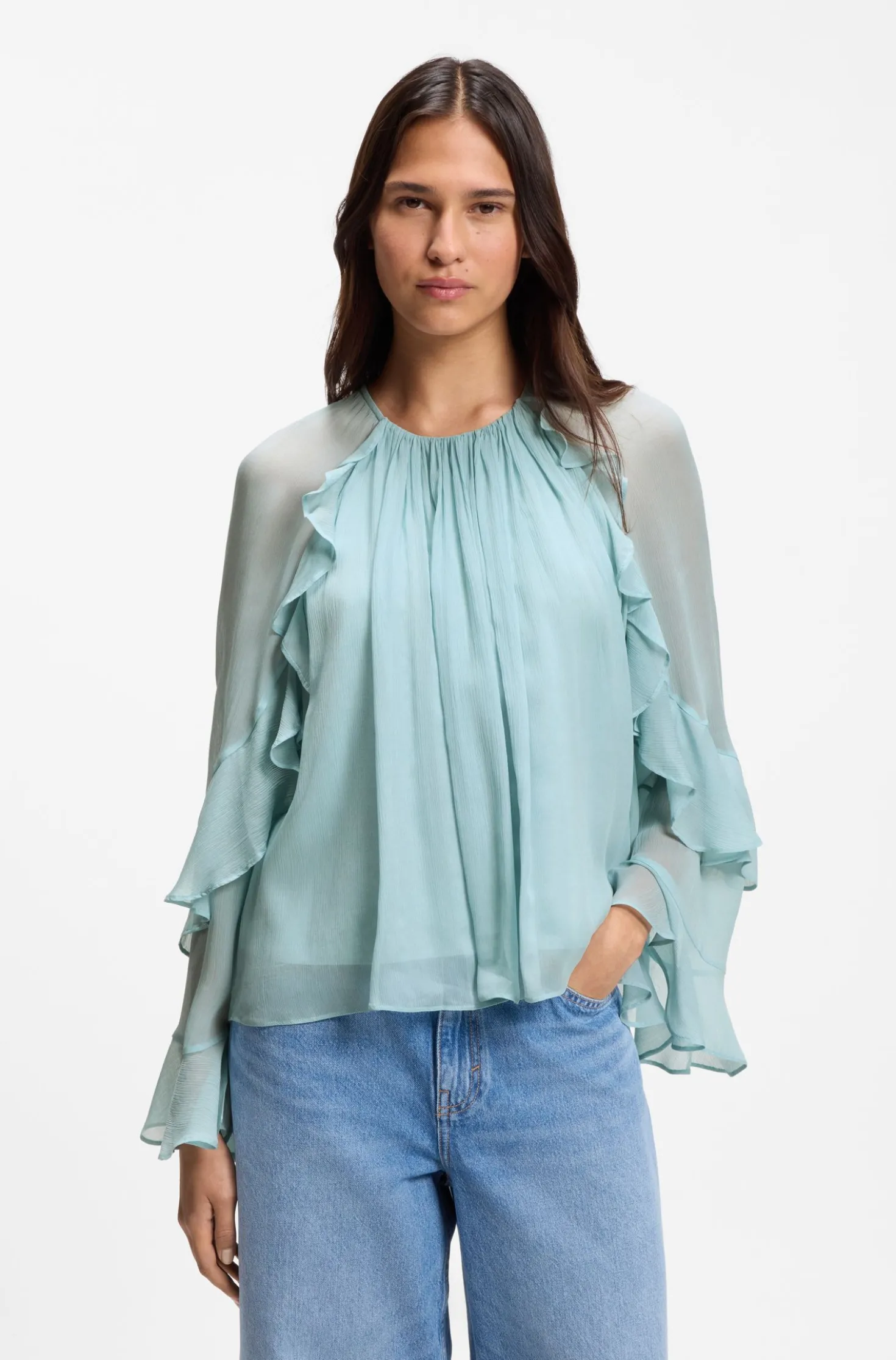 Regular-Fit Bluse aus leichtem Creponne