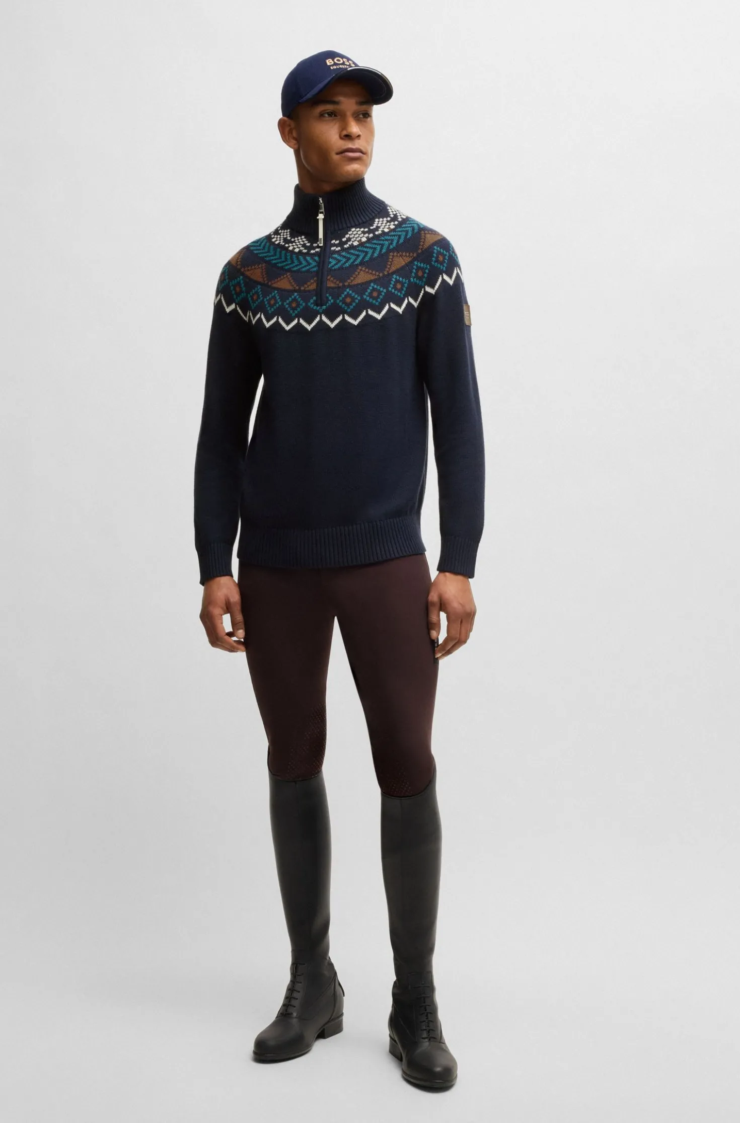 Reitsport-Pullover mit Troyerkragen und Strickmuster