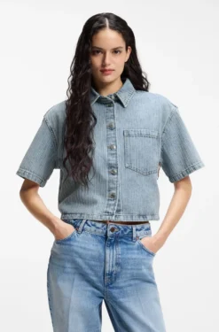 Relaxed-Fit Bluse aus gestreiftem Rigid-Denim