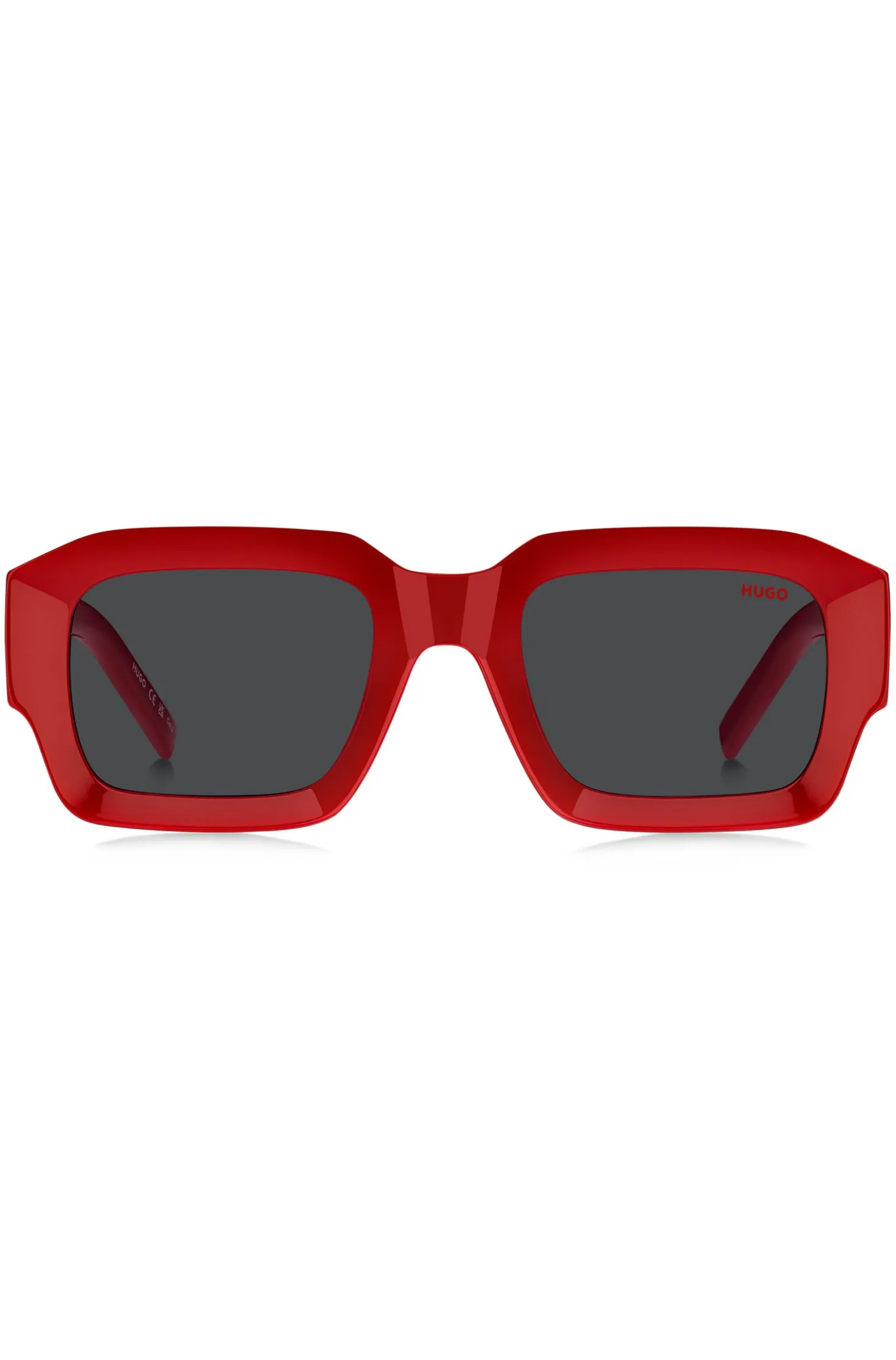 Rote Sonnenbrille mit Stack-Logo an den Bügeln