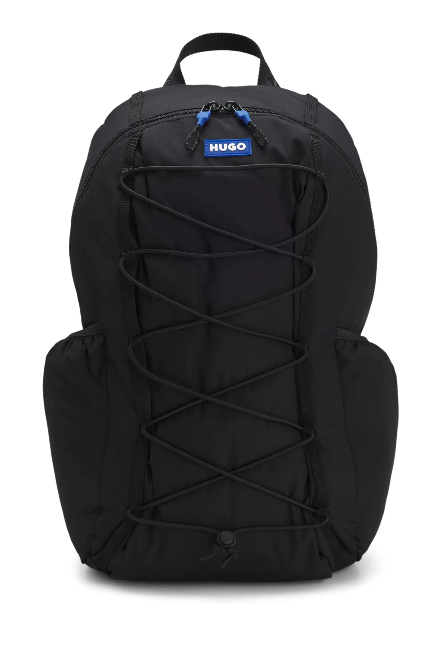 Rucksack mit blauem Logo-Aufnäher aus Gummi