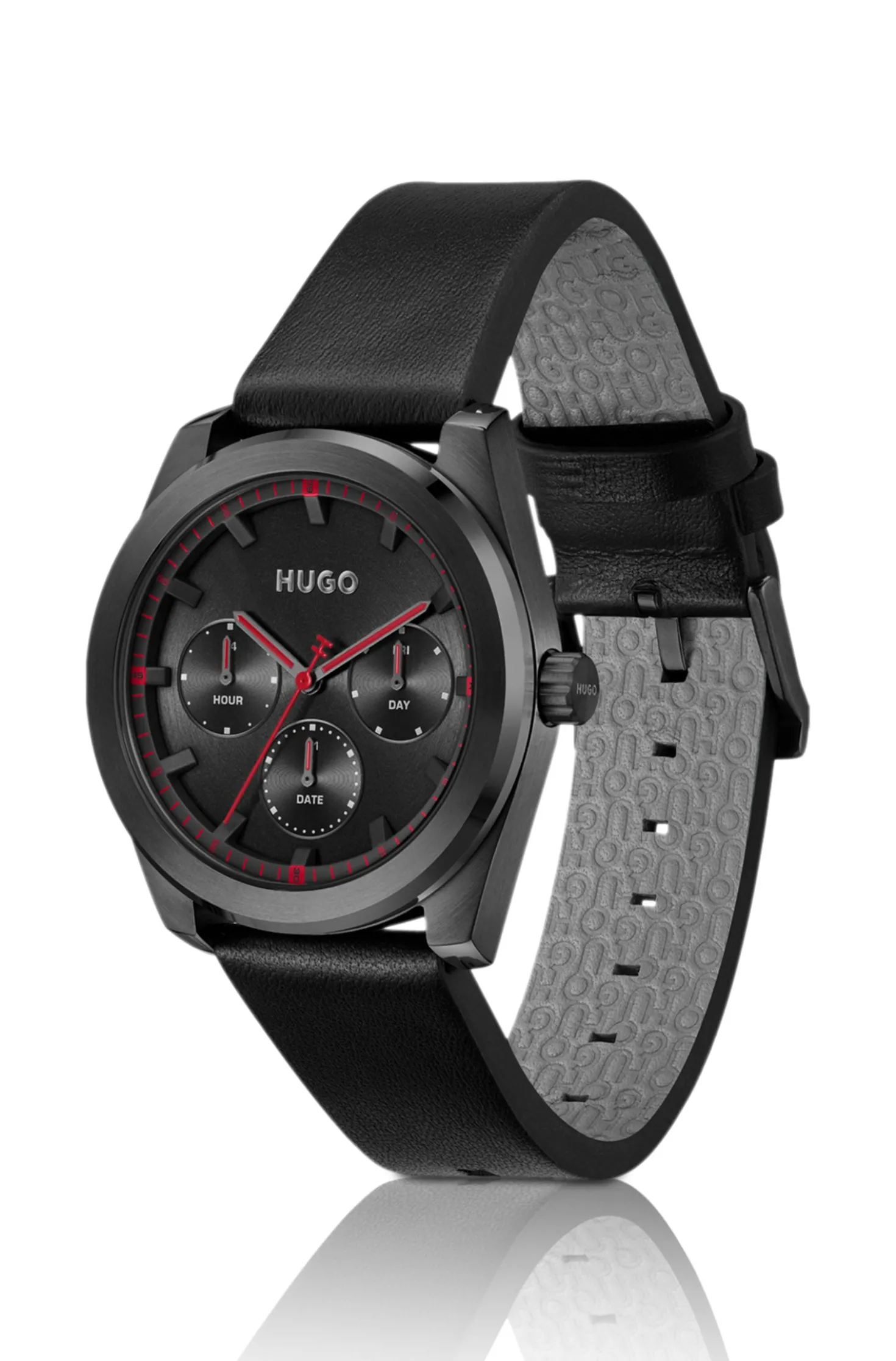 Schwarze beschichtete Uhr mit tonalem Lederarmband