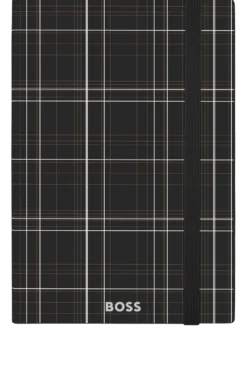 Schwarzes DIN-A5-Notizbuch mit Karo-Print und silberfarbenem Folien-Logo