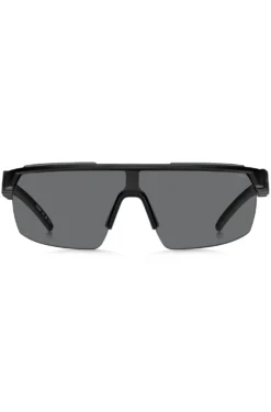Schwarze Sonnenbrille im Masken-Stil mit 3D-Logo auf den Bügeln