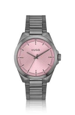Seam Grau beschichtete Uhr mit pinkfarbenem strukturiertem Zifferblatt