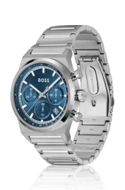Silberfarbener Chronograph mit blauem Zifferblatt
