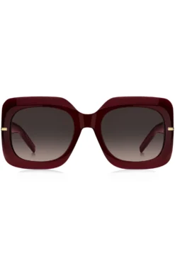 Sonnenbrille aus burgunderrotem Acetat mit goldfarbenen Scharnieren