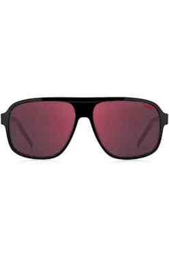 Sonnenbrille aus schwarzem Acetat mit rot getönten Gläsern
